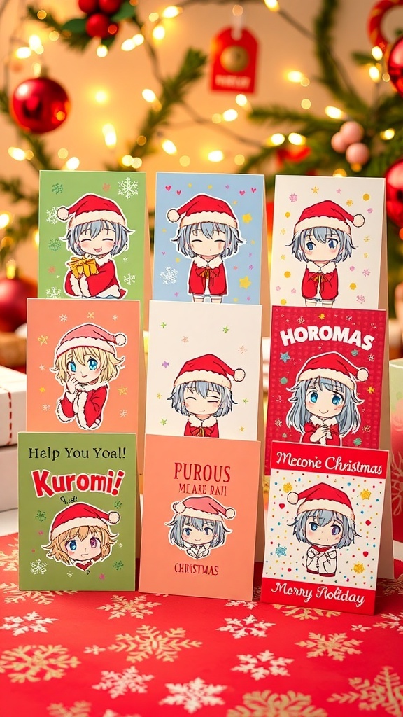 A variety of Kuromi-themed Christmas cards with festive designs on a decorated table.